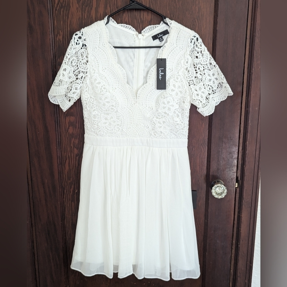 New Lulus Angel In Disguise White Lace Skater Fit and Flare Bridal Dress Med